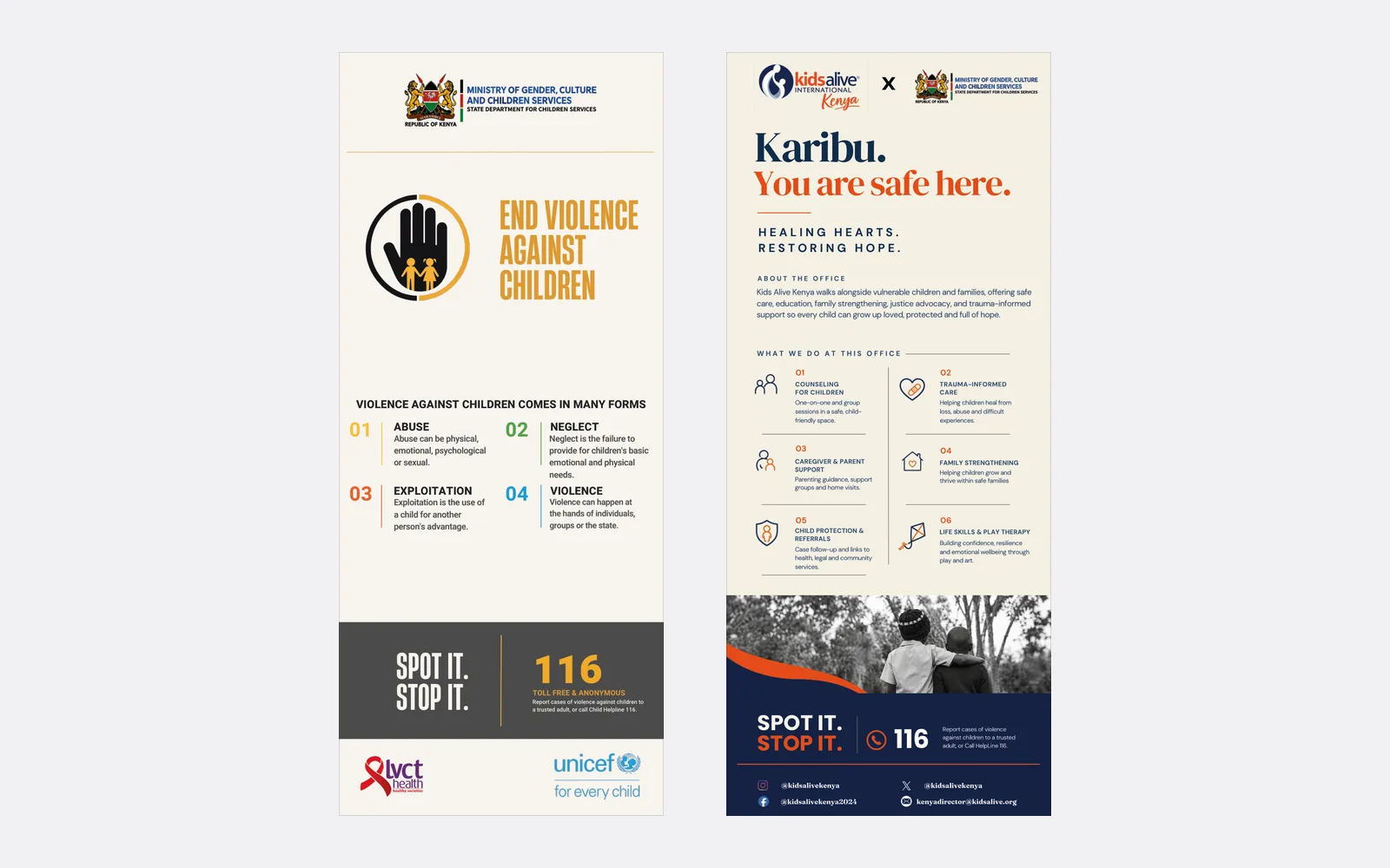Two roll-up banners side by side: End Violence Against Children, with the State Department for Children Services logo, and Kids Alive Kenya's Karibu, you are safe here