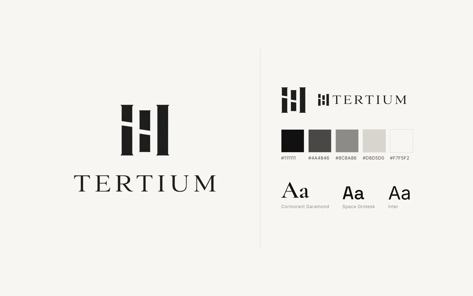 Tertium Entertainment brand board: the III logo, icon and horizontal lockup, five-step black to white palette, and Cormorant Garamond, Space Grotesk and Inter type